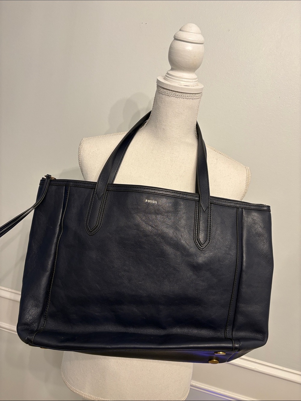 Fossil Navy Leather Tote with Dual Top Handles